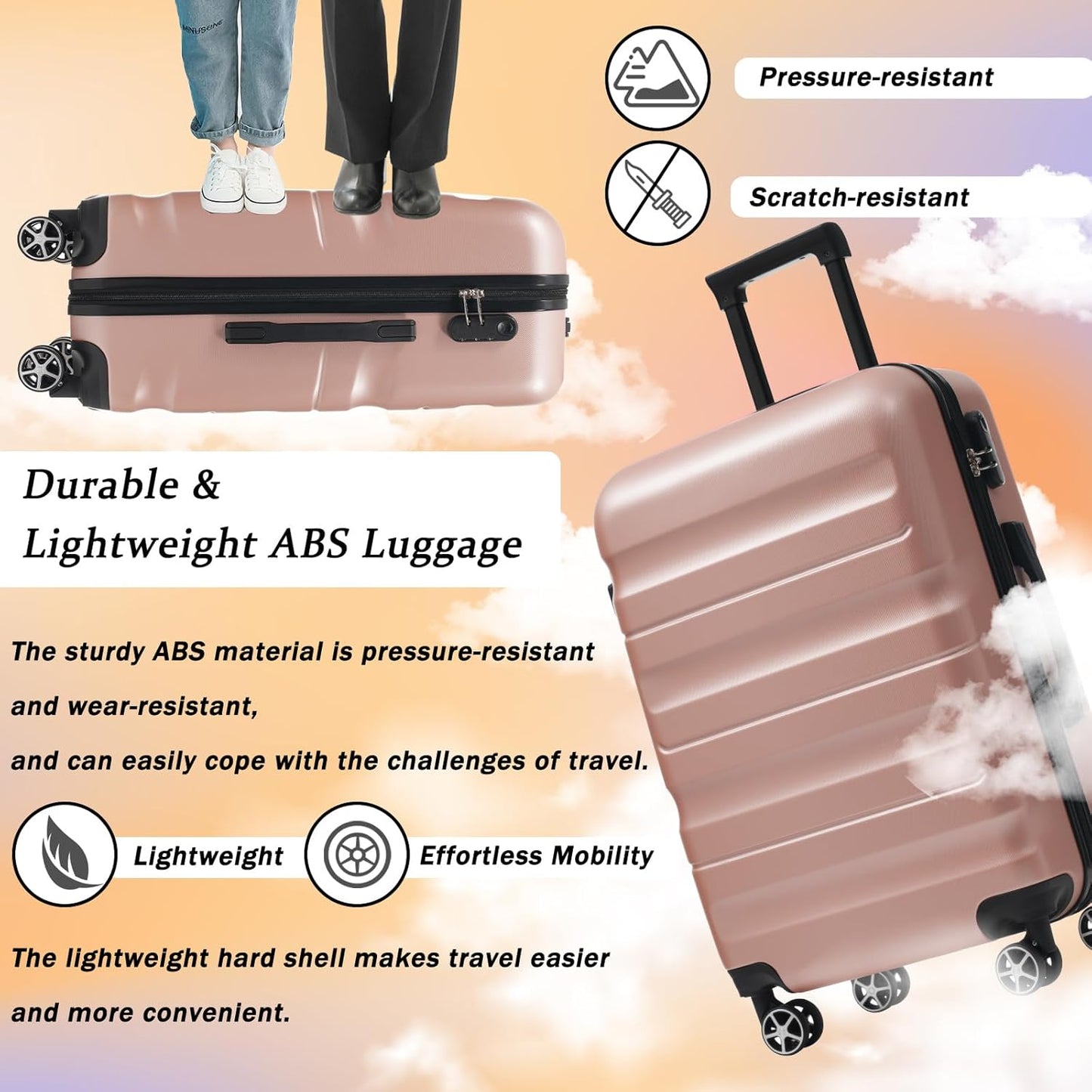 Merax Luggage Set 4 Piece, Hardshell ABS Suitcases with 8 Silent Spinner Wheels, Durable and Lightweight Travel Luggage for Family Trips