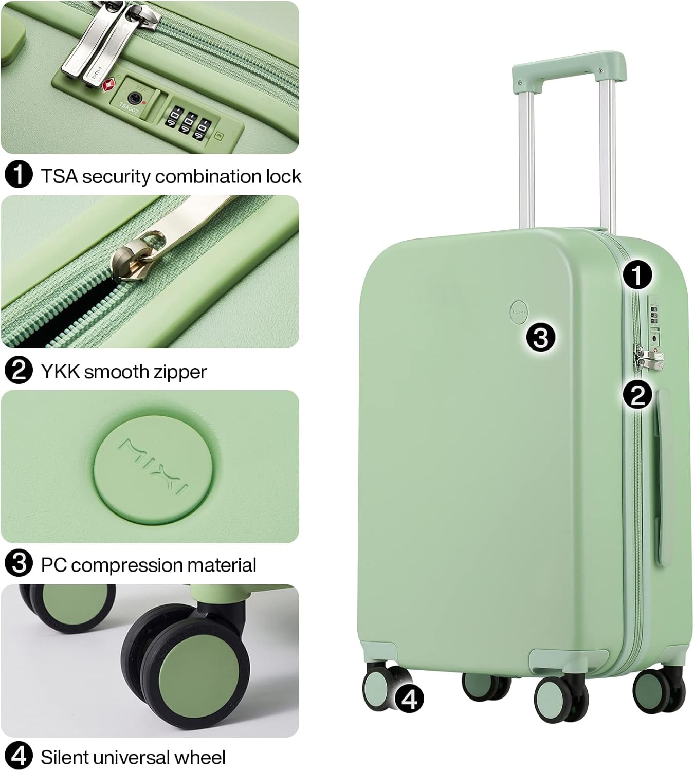 mixi Luggage Suitcase with Spinner Wheels, Hardside Rolling Suitcase PC with Cover & TSA Lock Lightweight Travel Case 22in Checked in, Avocado Green
