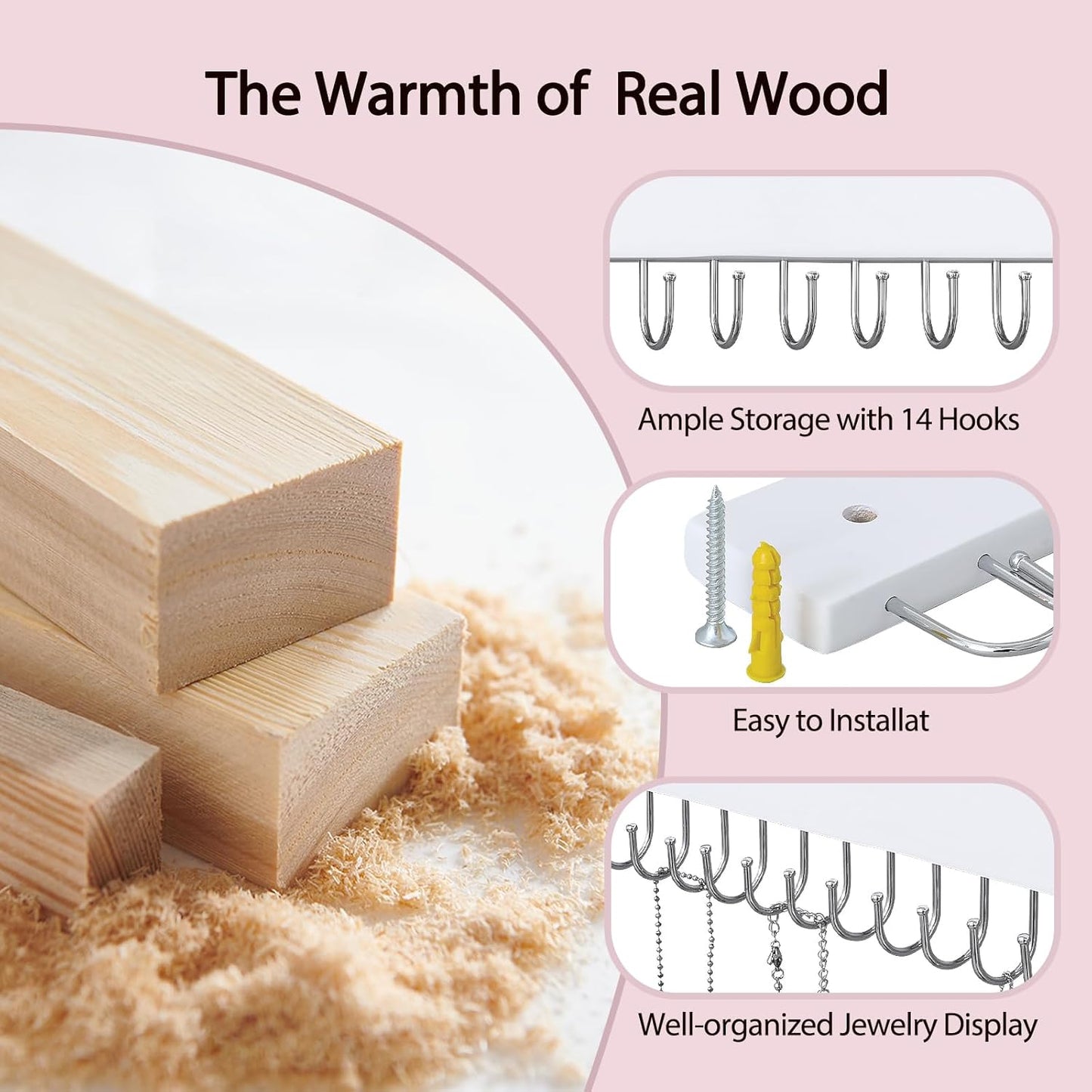 Hanging Jewelry Organizer Wall Mounted, Modern Jewelry Display with 28 Hooks, Decorative Necklace Holder for Wall, Space Saving Necklace Hooks, (2 Packs, White)