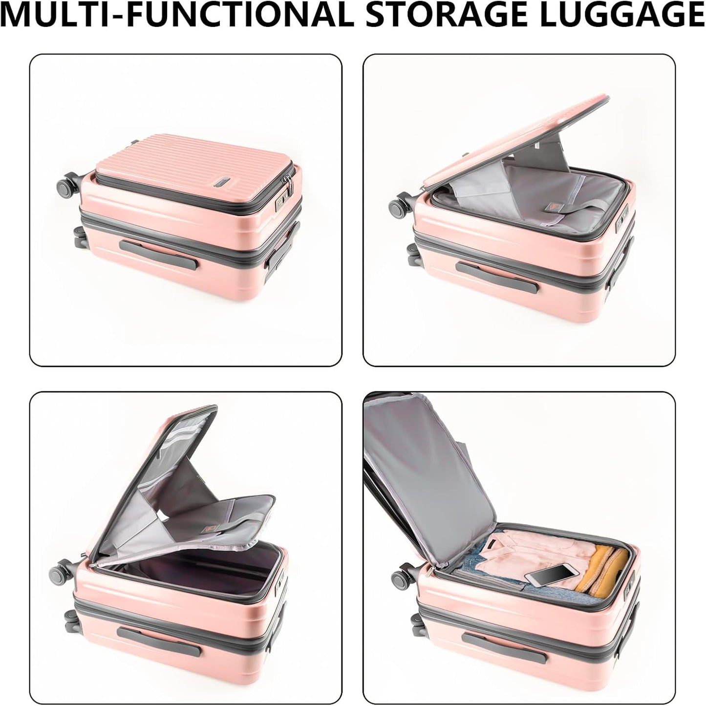 19-Inch Hardshell Carry-On Luggage with Front Compartment, 360-Degree Spinner Wheels, TSA Lock, Cup Holder & Bag Hook - Airline Approved Business Travel Suitcase (pink)