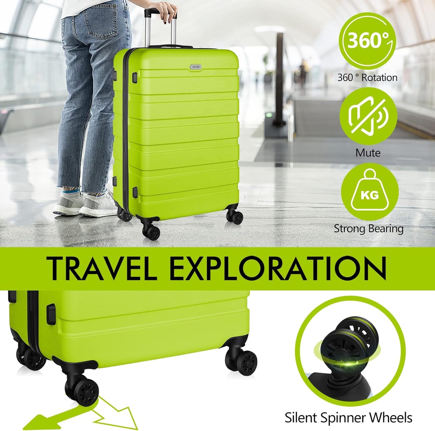 AnyZip Luggage PC ABS Hardside Lightweight Suitcase with 4 Universal Wheels TSA Lock Checked-Medium 24 Inch Apple Green