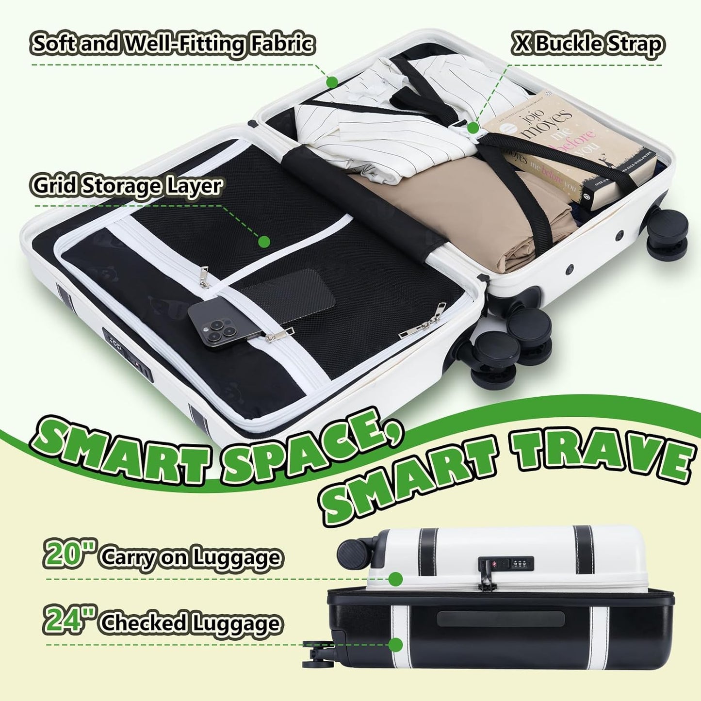 20-inch Carry-On Luggage, Airline Approved, with Spinner Wheels, 100% PC Hardshell Carry-On Luggage with TSA Lock, 22x14x9 20 inches, Smooth Rolling Wheels for Lightweight Travel - White