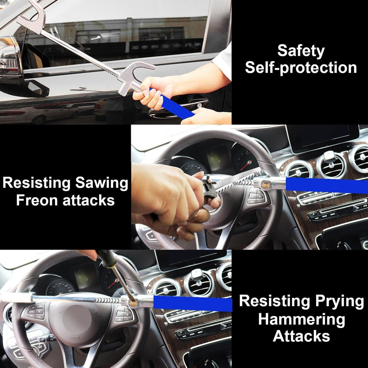 Tevlaphee Steering Wheel Lock Anti-Theft Car Device, Blue, Key Lock, Protects Against Prying, Sawing, Hammering, and Freon Attacks