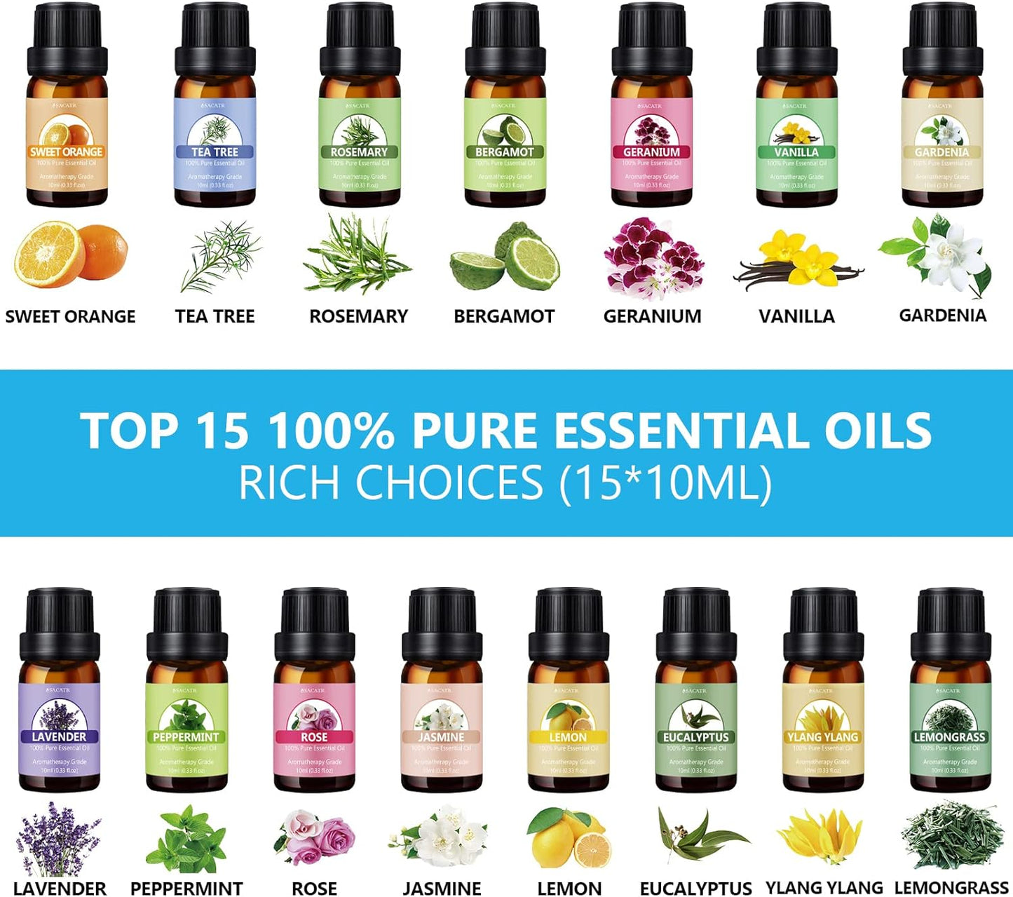 SACATR 550ml Aromatherapy Diffuser with 15x10mL Essential Oils, Ultrasonic Technology, Remote Control for Home Office