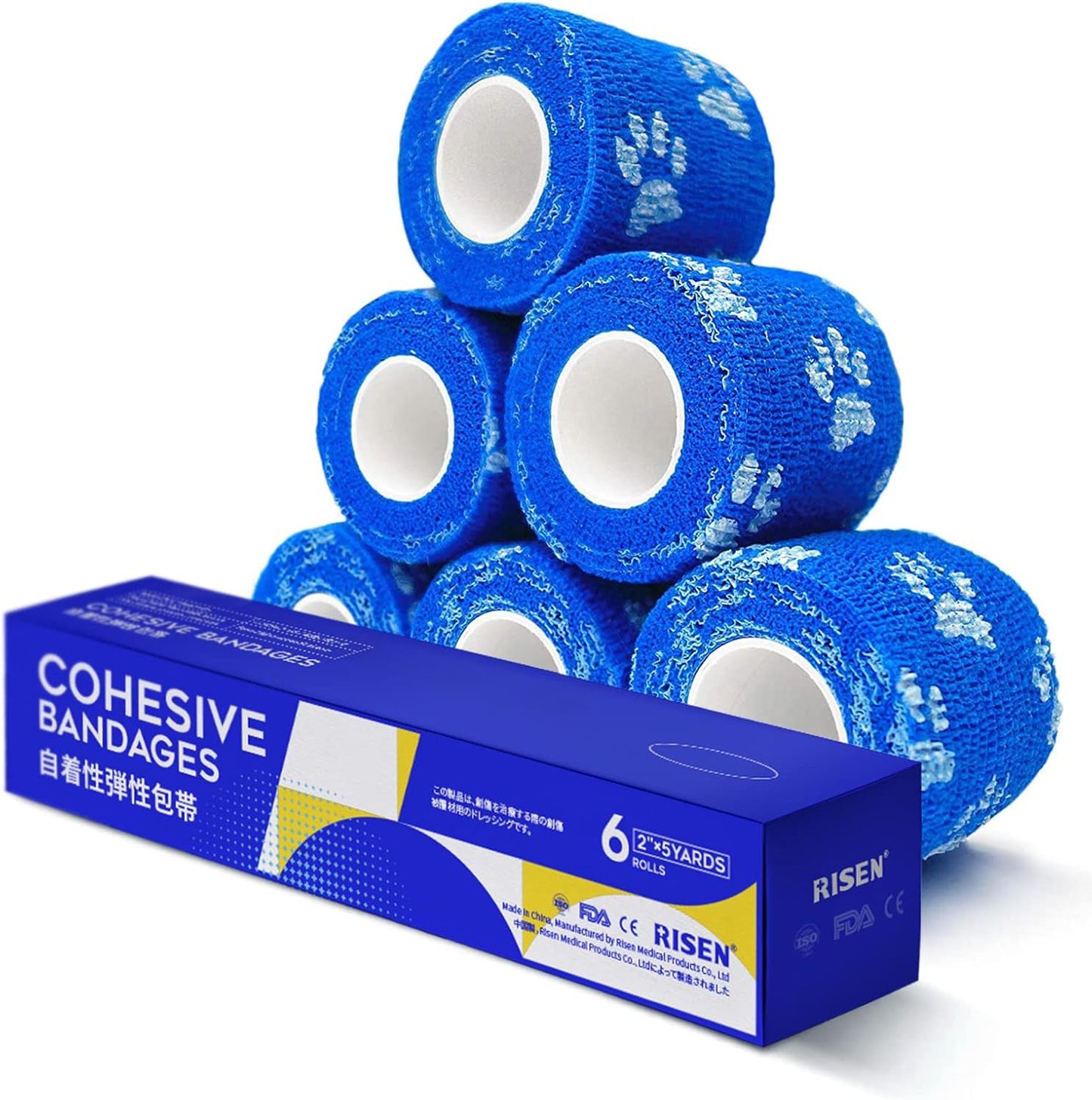 RISEN Cohesive Bandage 2” x 5 Yards, 6 Rolls, Self Adherent Wrap Medical Tape, Adhesive Flexible Breathable First Aid Gauze Ideal for Stretch Athletic
