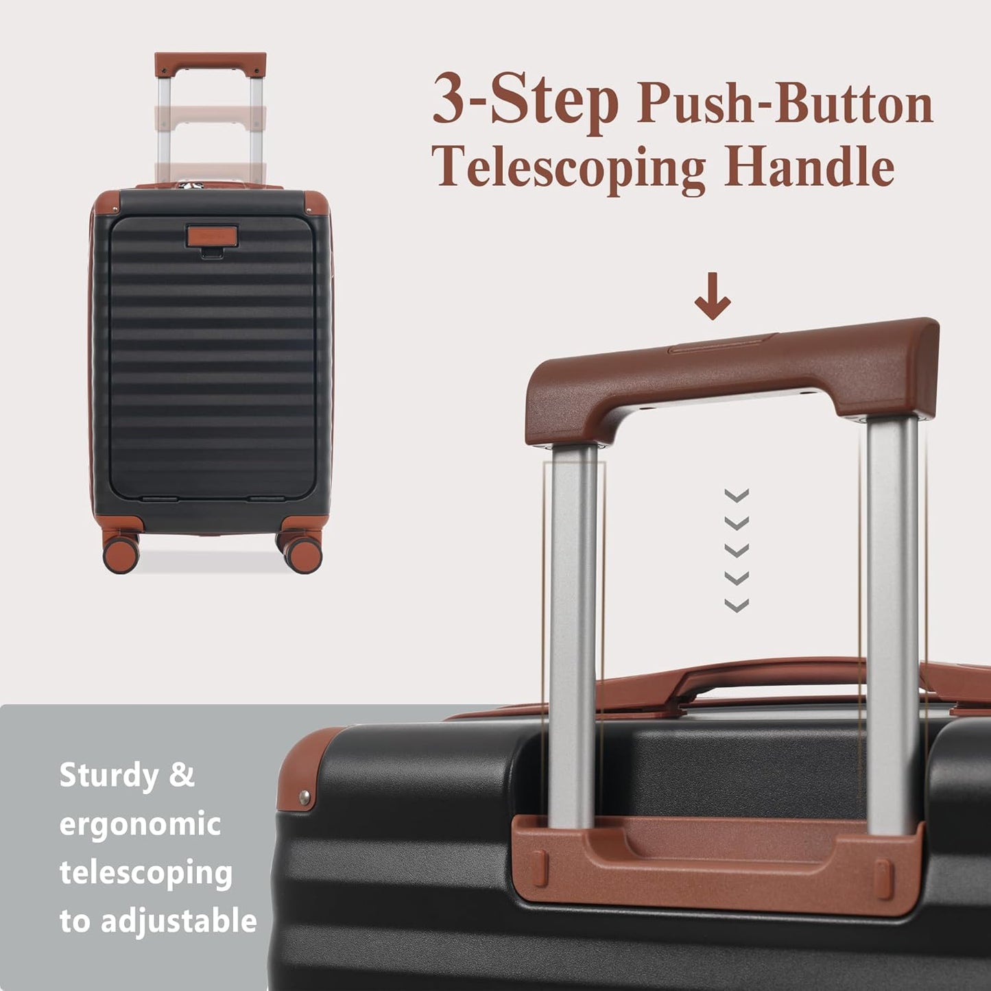 Merax Luggage Sets 3 Piece Front Opening, Hardside Lightweight Carry on Suitcase with Cup Holder USB Port,Durable Expandable Luggage with Bags Spinner Wheels and TSA Lock,Black and Brown