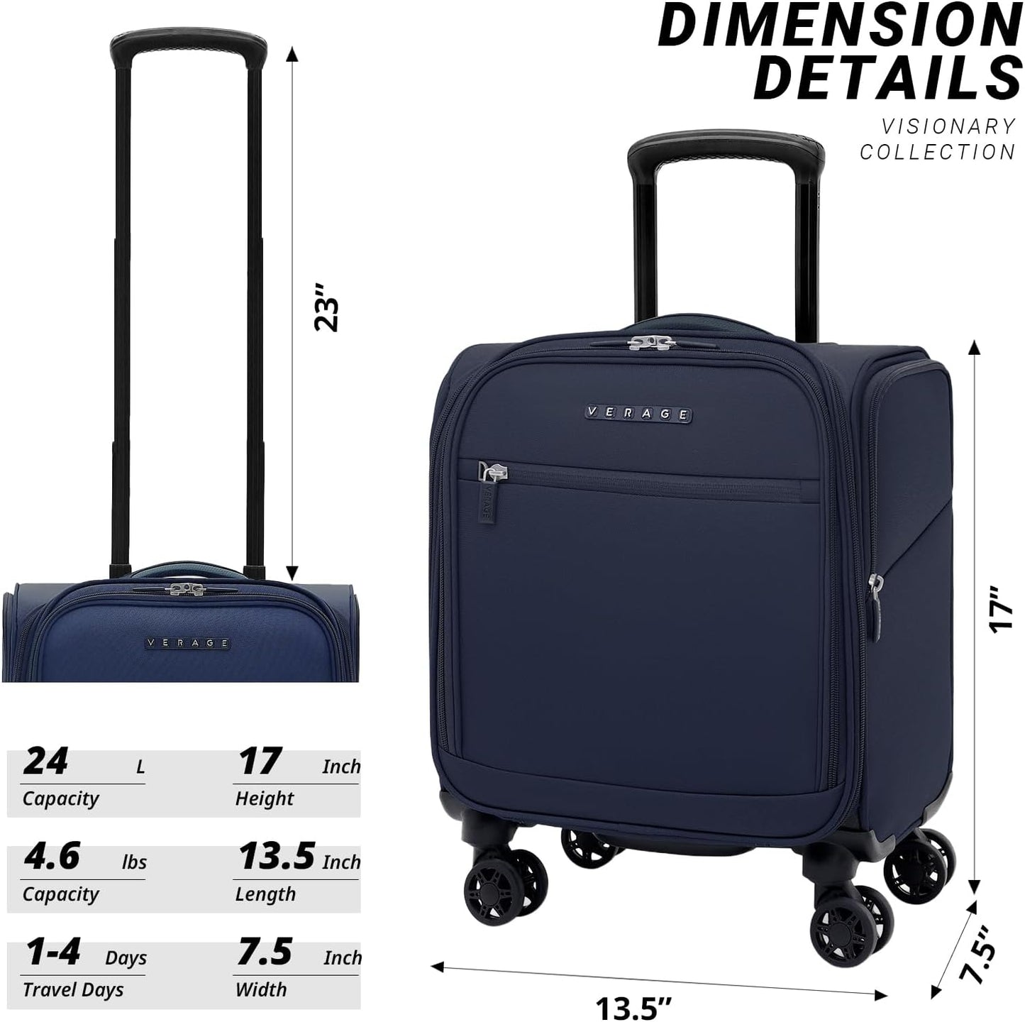 Verage Under Seat Luggage with Wheels, Softside Small Suitcase Spinner Carry On Luggage Bags for Airlines Airplanes Short Trip Men Women (Navy, 14-Inch Underseat)