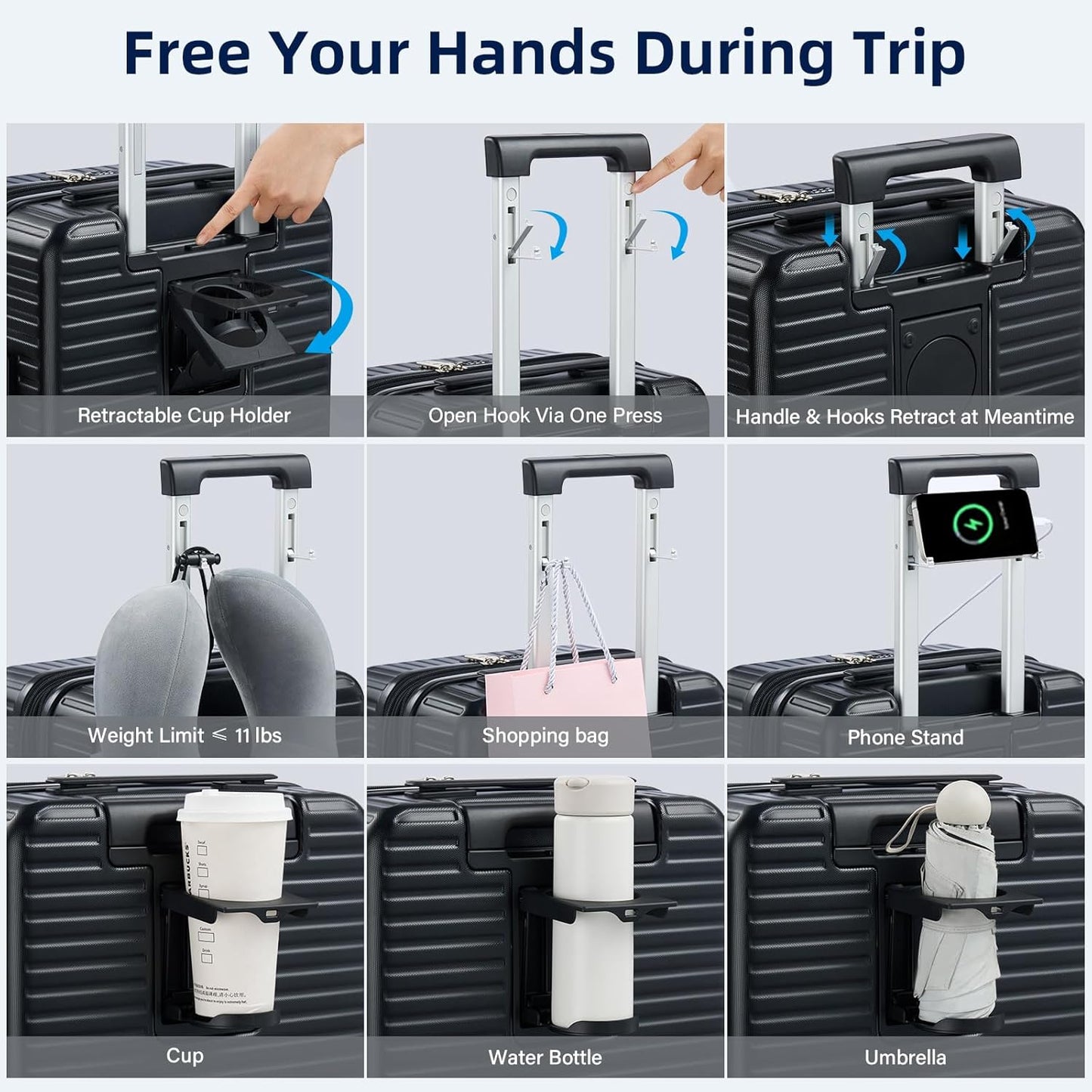 Hard Shell Suitcases Expandable Travel Luggage Sets 2 Piece, Carry on and Check in Luggage Lightweight Suitcase Set 2 Piece with Wheels Cup Holder Charger Built in (Black, 20/28)