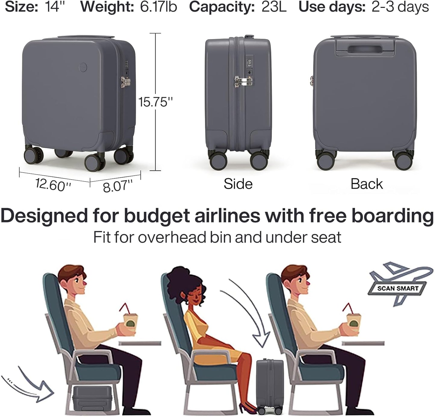 mixi 14 Inch Underseat Luggage Carry on Suitcase Free Boarding Personal Item Suitcases with Spinner Wheels Hardshell Lightweight PC for Short Travel, Rock Gray