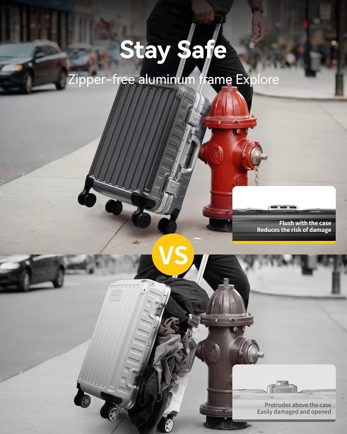 Carry On Luggage with Spinner Wheels, 8010S Aluminum Frame Zipperless Polycarbonate Hard Shell Suitcase (ZX-Core, Charcoal Metallic, 20 Inch)