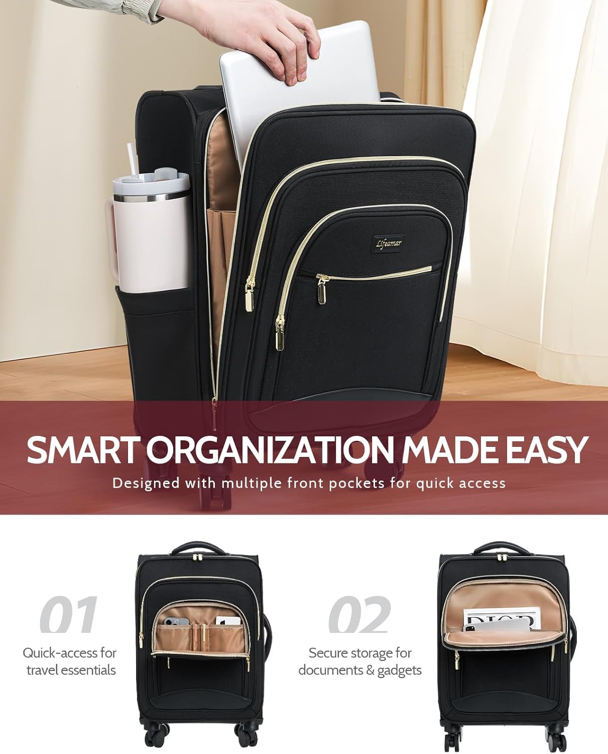 Carry On Luggage 22x14x9 Airline Approved, 20 Inch Softside Suitcase with 360° Spinner Wheels & TSA Lock, Ultra-Lightweight Water-Resistant Large Capacity Luggage for Women & Men