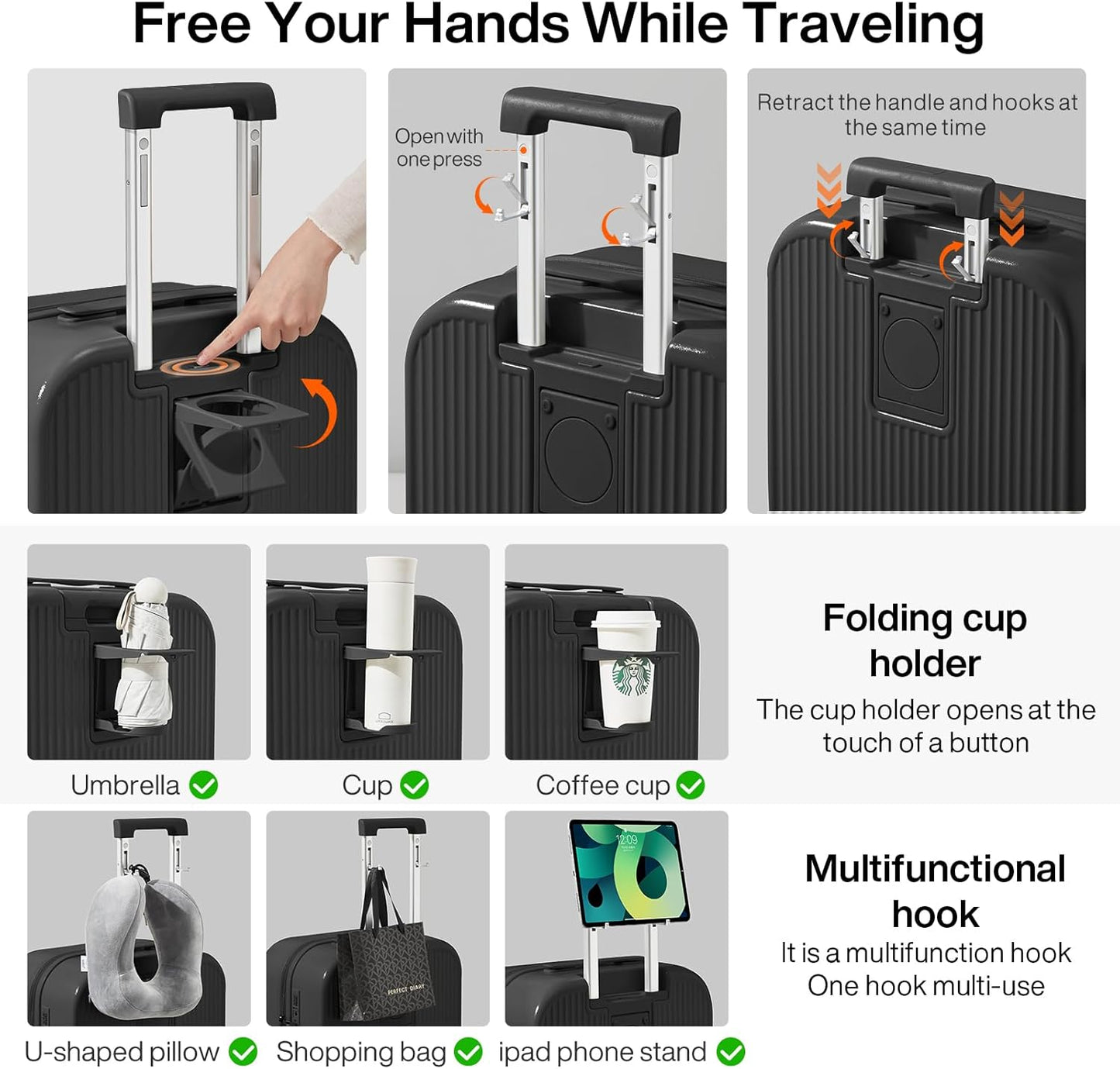 mixi Checked Luggage with Cup Phone Holder Hard Shell Rolling Travel Suitcases with Spinner Wheels,24 Inch Black