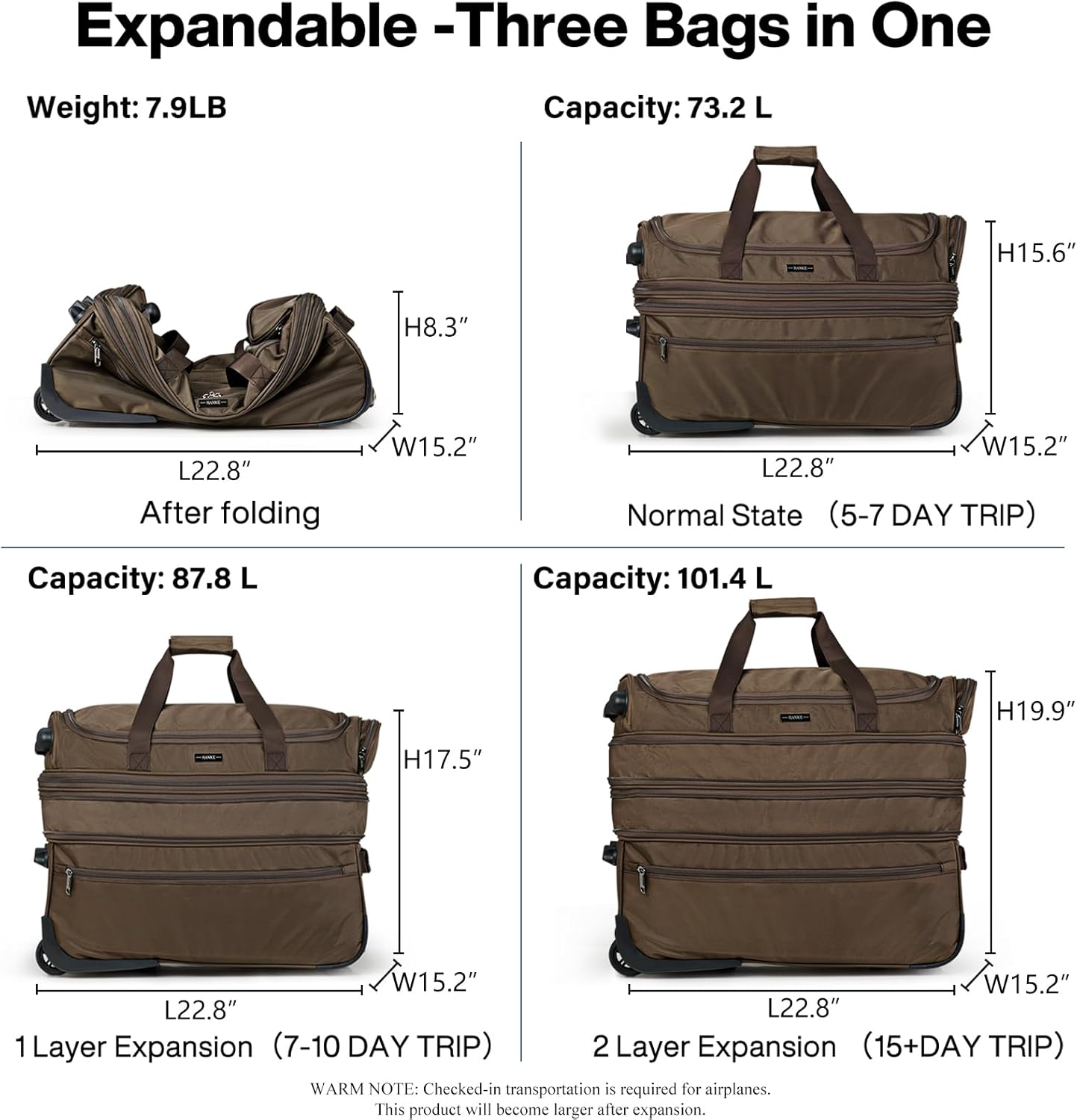 Hanke Large Expandable checked Luggage Suitcases with Wheels Foldable Duffle Bag for Travel suitcase for Women Men Garment Bag（Coffee）