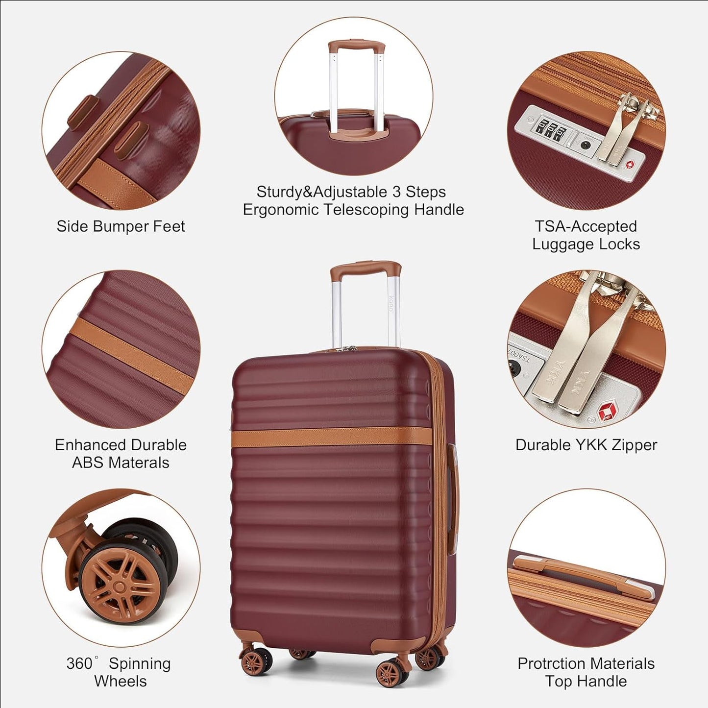 Kono Medium Sized Checked Luggage, 24 Inch Expandable with Spinner Wheels, TSA Lock, ABS + PC Lightweight Travel Suitcase with Larger Capacity and Lighter Weight, Burgundy