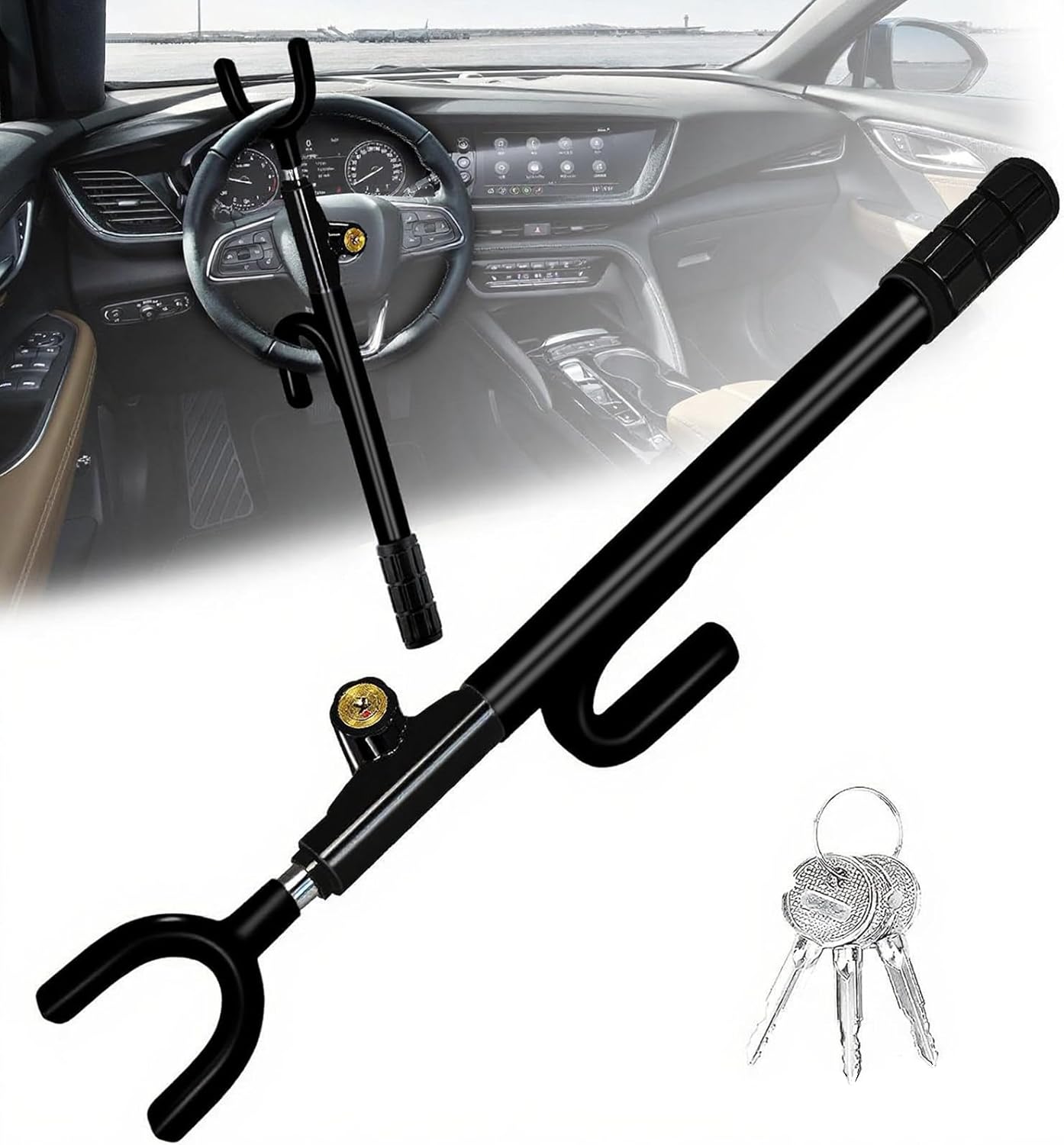 Steering Wheel Lock,Heavy Duty Anti-Theft Car Device,Adjustable Length Locking with 3 Keys Universal Fit for Cars Trucks Vans and SUVs (Black)