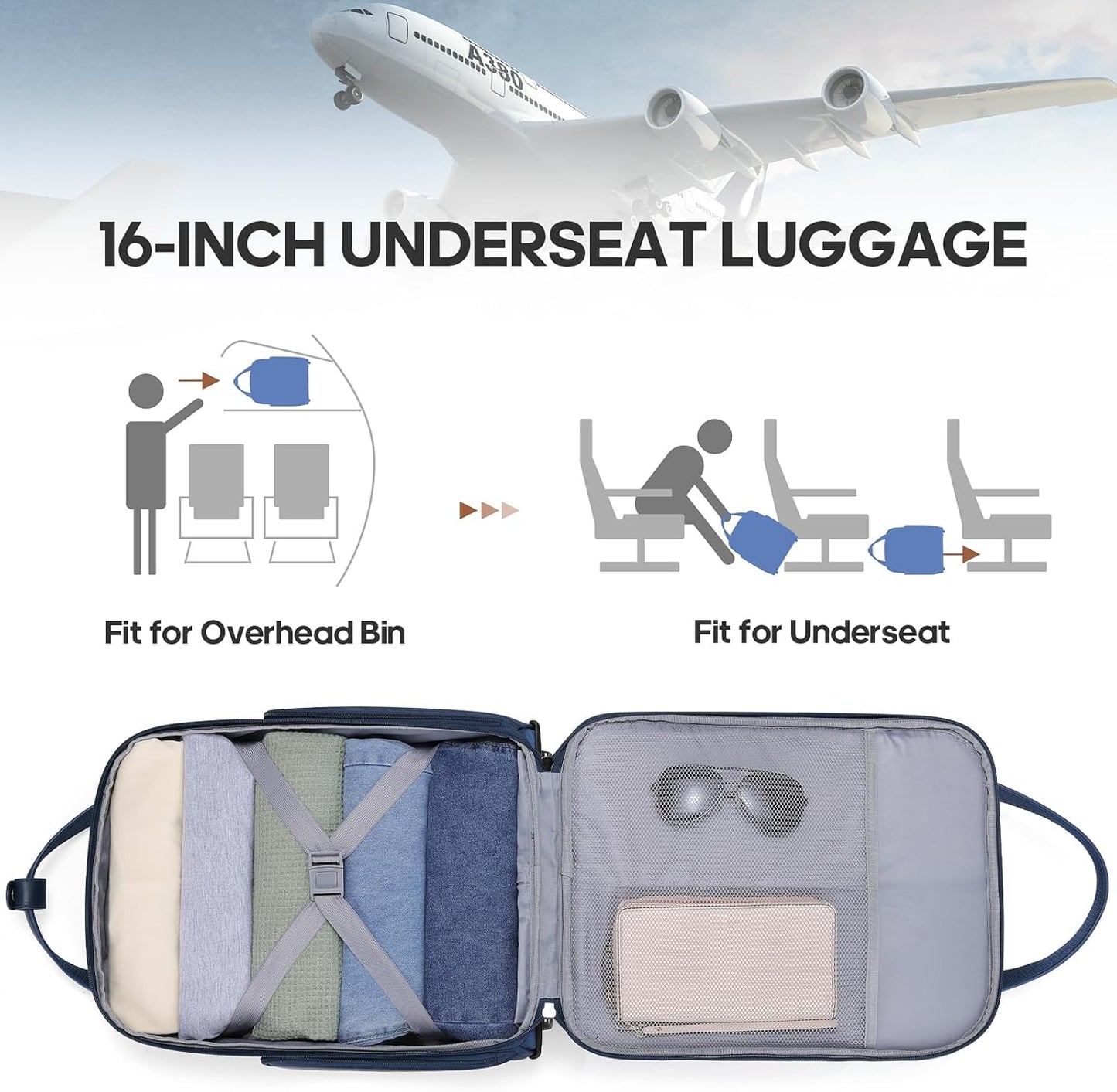 Carry-on Underseat 16-inch Luggage with Wheels, Softside Rolling Carry-on, Lightweight Travel Suitcase for Men Women, Personal Item Rolling Travel Bag