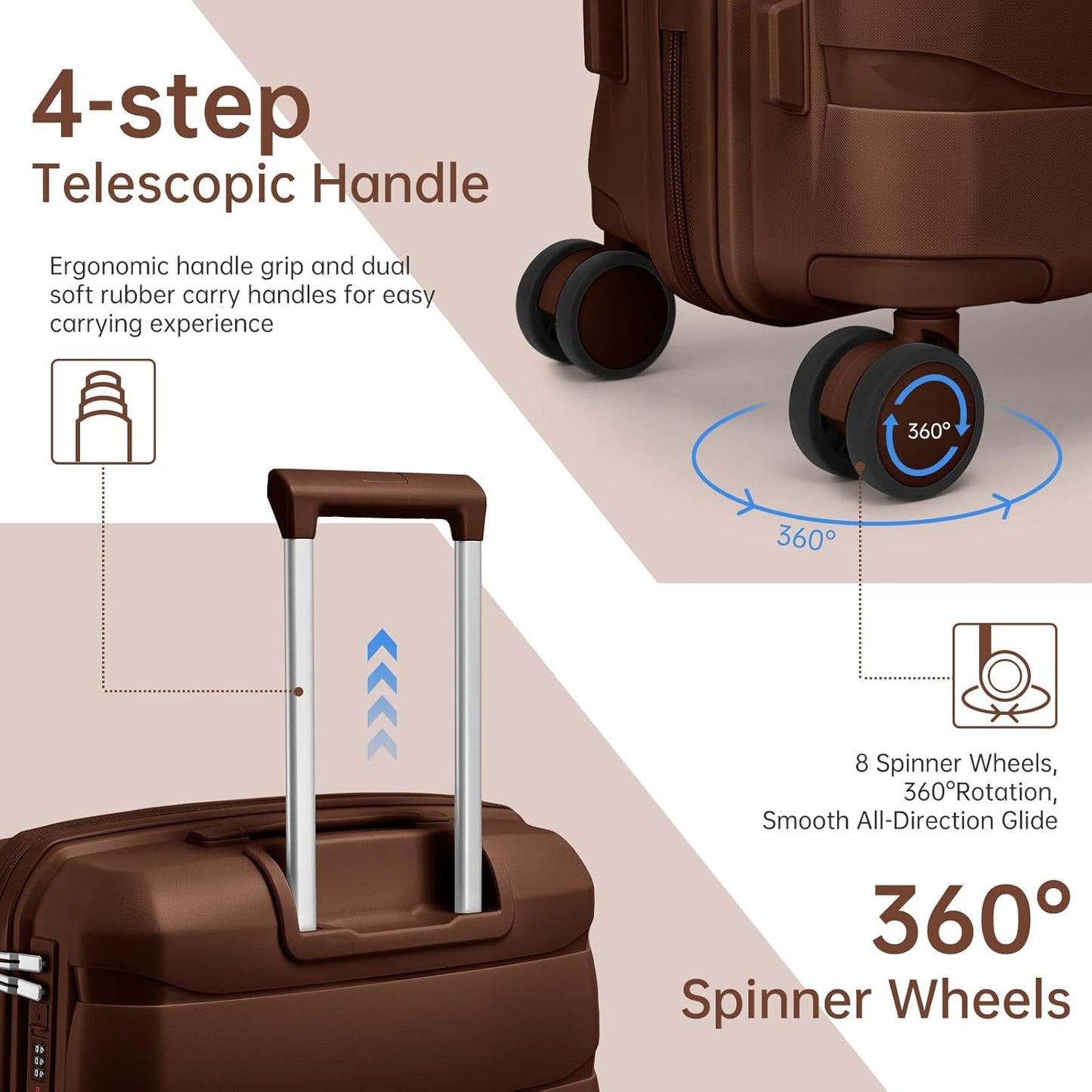 Carry On Luggage 22x14x9 Airline Approved, 22 Inch PP Hardshell Luggage Carry-on Suitcase with Spinner Wheels, Carry On Suitcase Set for Women(Mocha