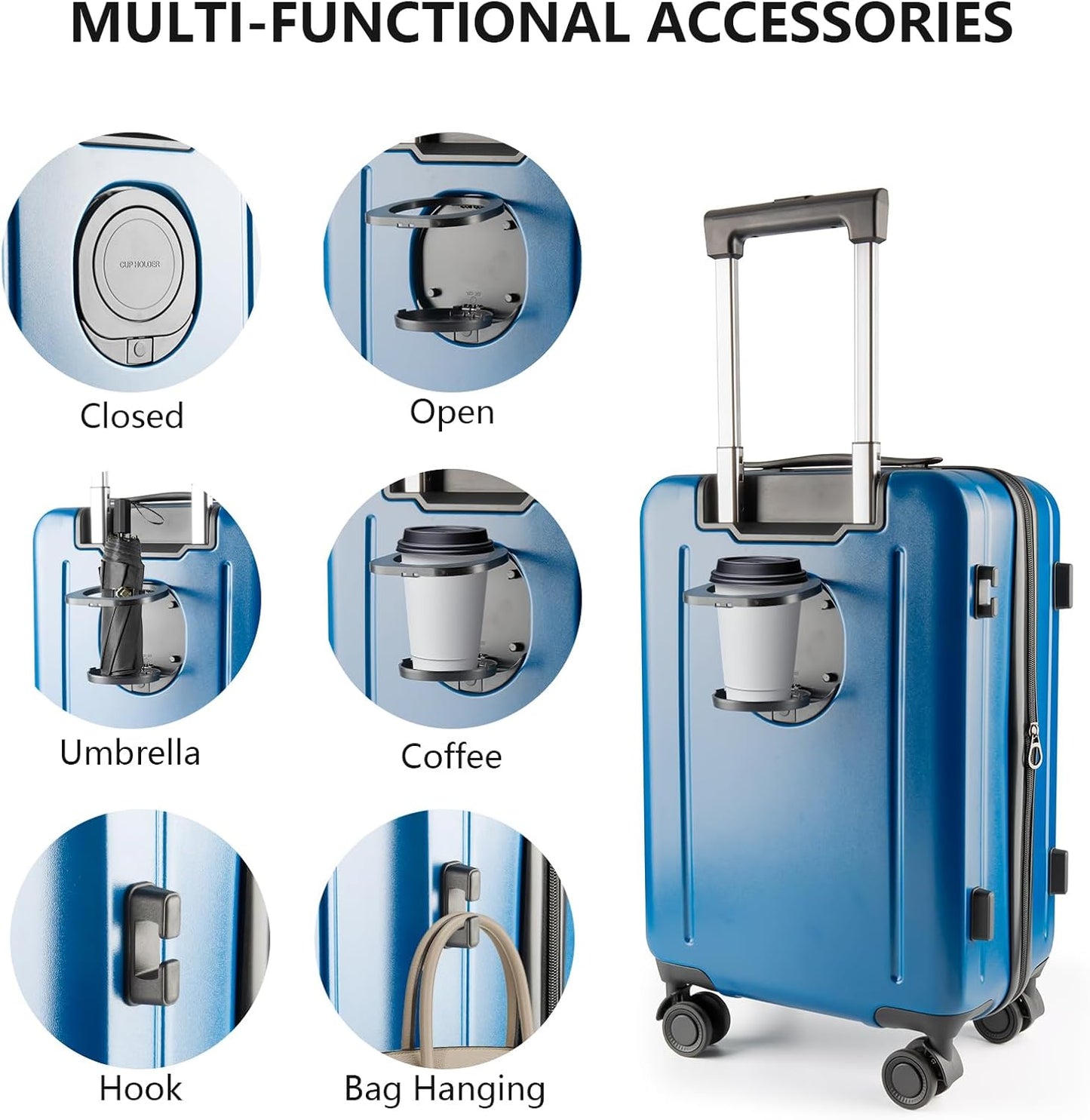 19-Inch Hardshell Carry-On Luggage with Front Compartment, 360° Spinner Wheels, TSA Lock, Cup Holder & Bag Hook - Airline Approved Business Travel Suitcase (Blue)