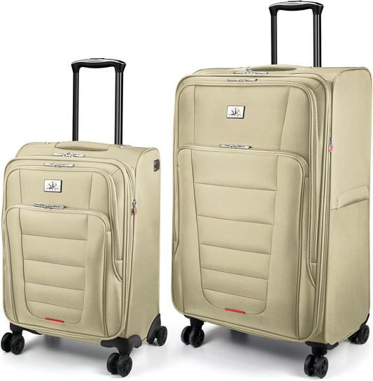 Verdi Luggage Sets of 2 Suitcase with Spinner Wheels Softside Expandable, Carry On Luggage with USB Port (Khaki, 2-Piece set(20/28))