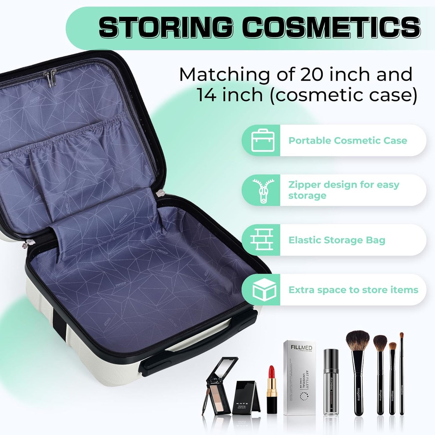 AnyZip Carry On Luggage 2PCS Luggage Set PC ABS Hardshell Lightweight Suitcase TSA Lock with 4 Spinner Wheels（14/20, White）