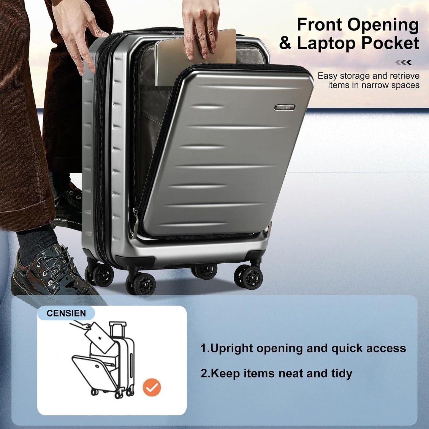 Expandable Carry On Luggage Airline Approved, 20 Inch Lightweight ABS+PC Hard Shell Suitcases with Front Pocket, Spinner Wheels, TSA Lock (Dark Gray, 1PC)