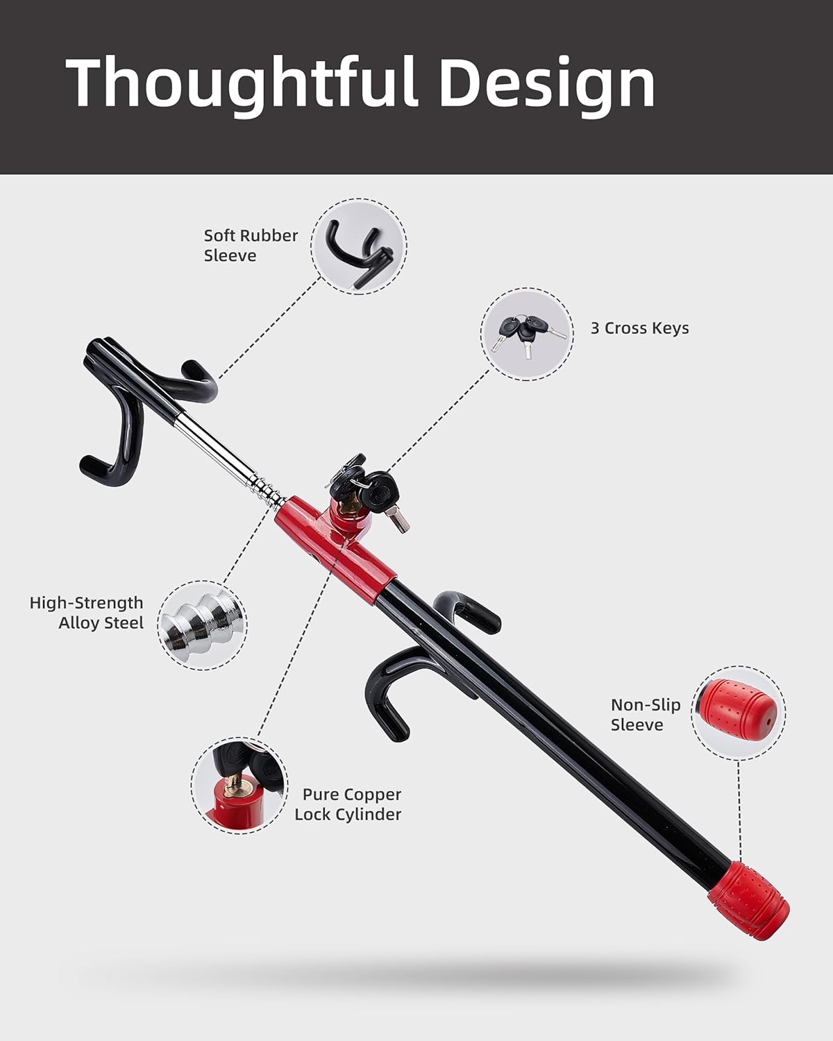 Dodomes Steering Wheel Lock Anti-Theft Heavy Duty Secure Car Device, Adjustable Length Clamp Double Hook Locks Universal Fit Black