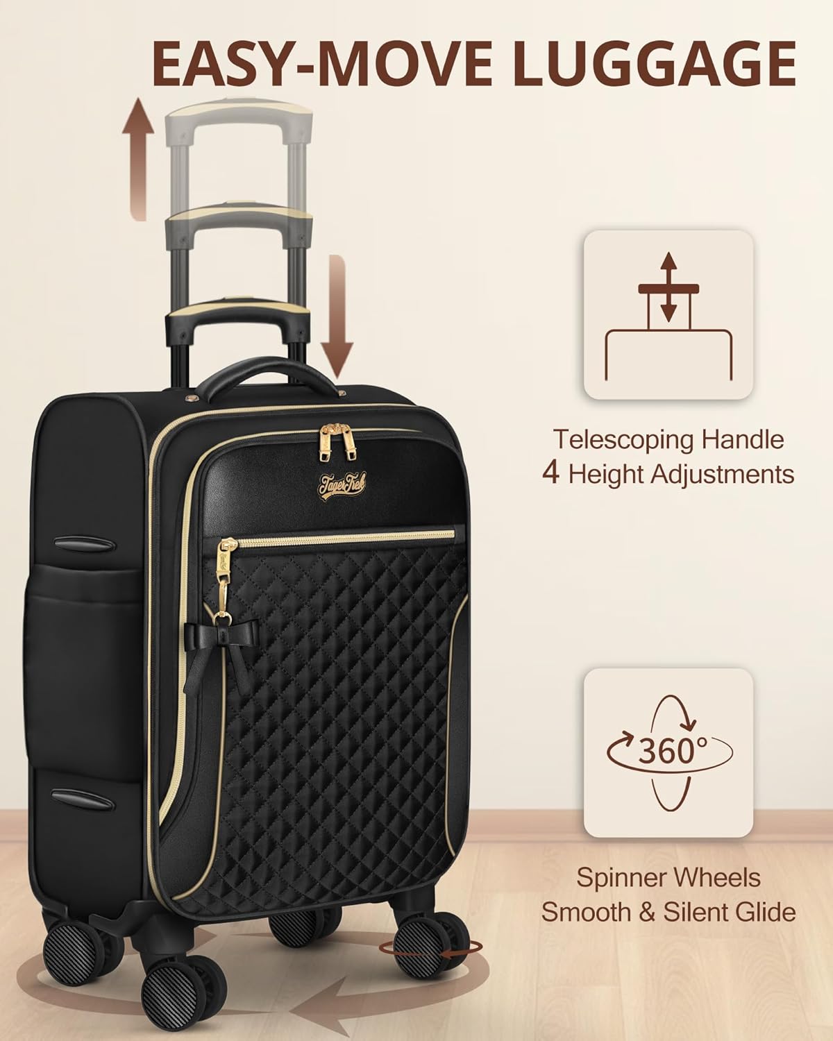 Carry On Luggage 22x14x9 Airline Approved, 20 Inch Softside Suitcase with 4 Pcs, Lightweight Luggage for Women with TSA Lock and 4 Spinner Wheels, Soft Side Carry-on Suitcases for Travel, Black