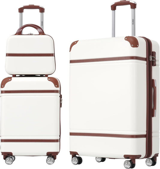 Merax Luggage Set 2 Piece Suitcase Set with Cosmetic Case Expandable Spinner Wheels Vintage Luggage Sets(White,20"+28")