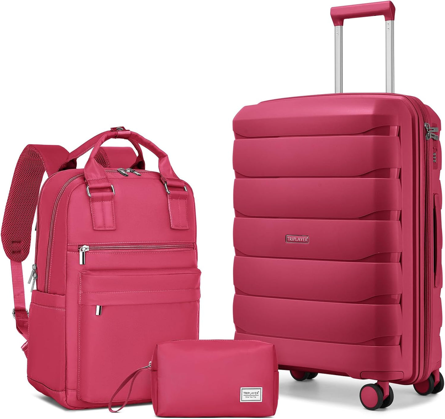 Carry On Luggage 22x14x9 Airline Approved, 22 Inch PP Hardshell Luggage Carry-on Suitcase with Spinner Wheels, Carry On Suitcase Set for Women(Rose Red)