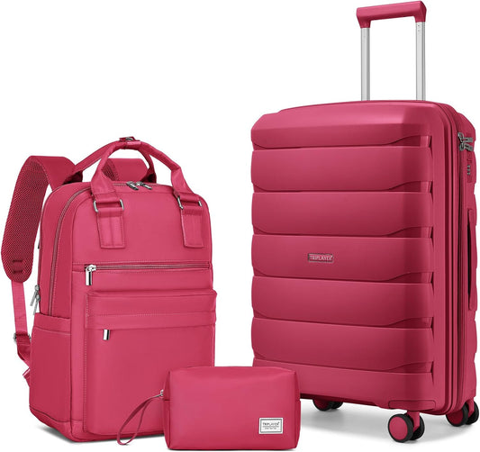 Carry On Luggage 22x14x9 Airline Approved, 22 Inch PP Hardshell Luggage Carry-on Suitcase with Spinner Wheels, Carry On Suitcase Set for Women(Rose Red)