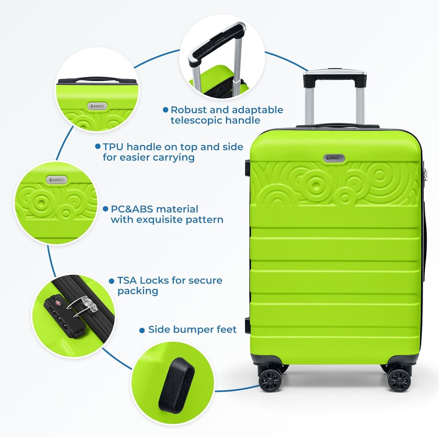 Krute Suitcases with Wheels Checked Luggage 24 Inch PC ABS Lightweight TSA Lock Travel Luggages Hard Side Suitcase