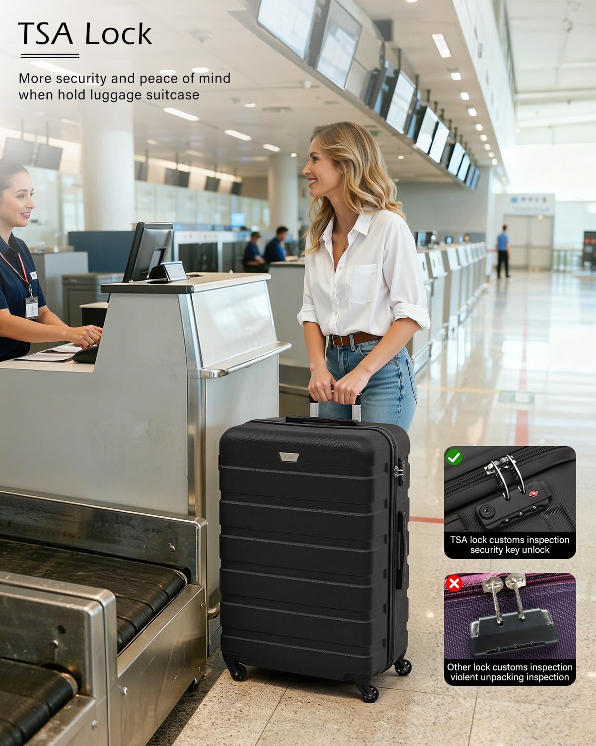 Coolife Luggage 3 Piece Set Suitcase Spinner Hardshell Lightweight TSA Lock (black, 3 piece set(20in24in28in))