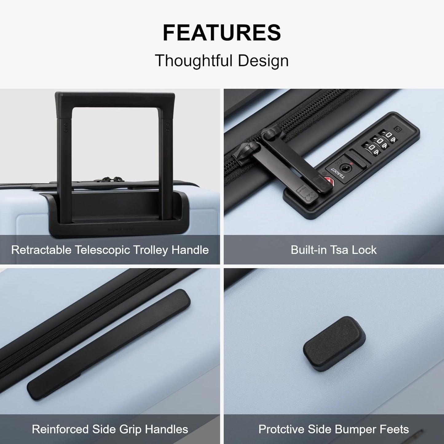 LEVEL8 Elegance Carry-on Suitcase, 20 Inch Carry on Luggage, Hardside Large Suitcases with Wheels, Tavel Bag with Tsa Lock, Light Blue