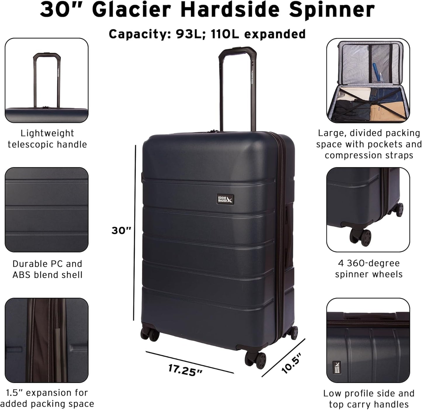 Eddie Bauer Glacier Checked 30" Luggage | Hardside | Spinner Wheels | Expandable | Lightweight | Travel Essentials - Carbon Grey