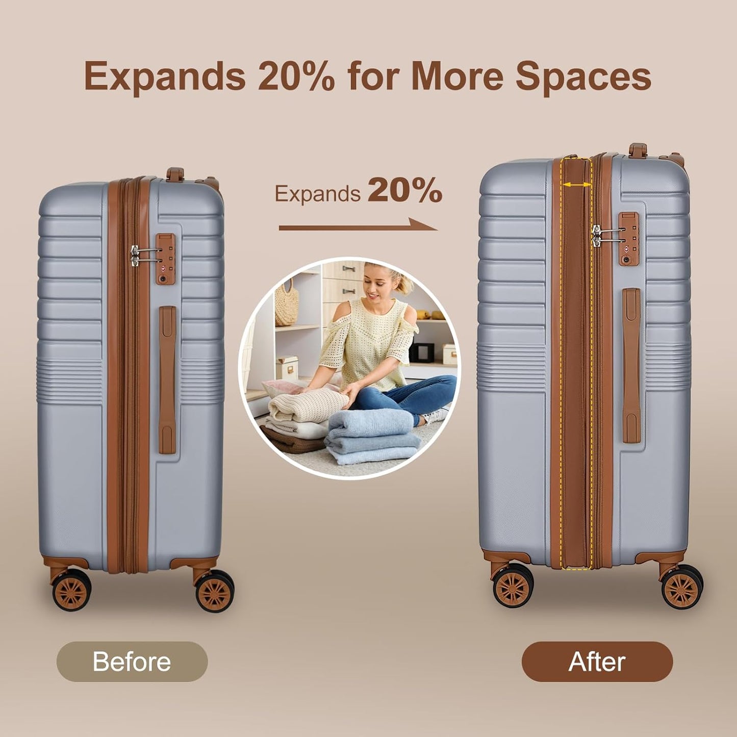 Romswi Expandable 28" Checked Luggage,Large Hardshell Suitcase with Double Spinner Wheels for 20% More Space, Airline Approved Lightweight Hardside Luggage, Scratch-Resistant & YKK Zipper,Silver