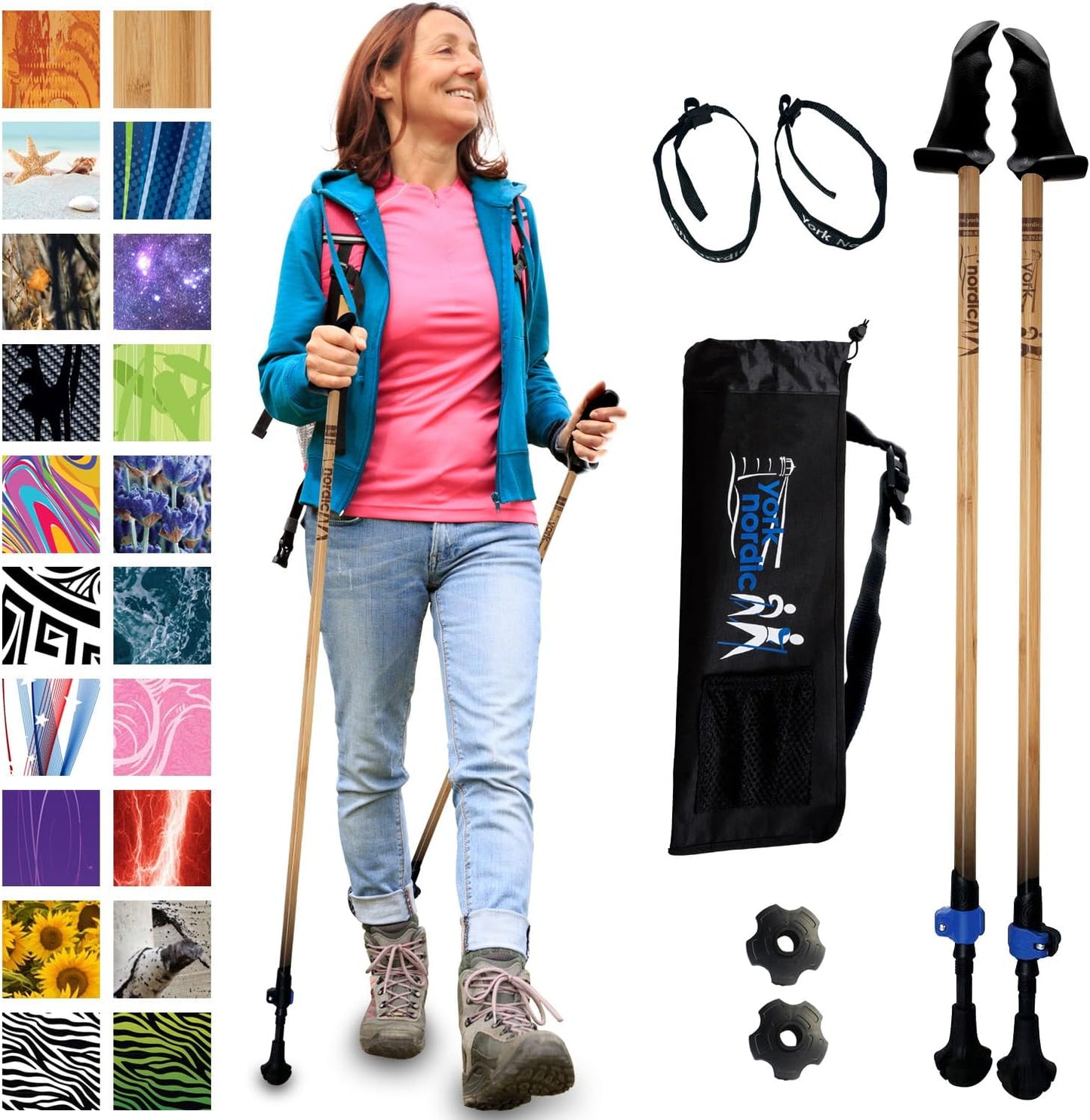 York Nordic Motivator Walking Poles for Balance and Rehab - Patented Stability Grips - Lightweight, Adjustable, and Collapsible - 2 Pieces Adjustable w/flip Locks - Heights 4'6" up to 6'2" - 230 lbs
