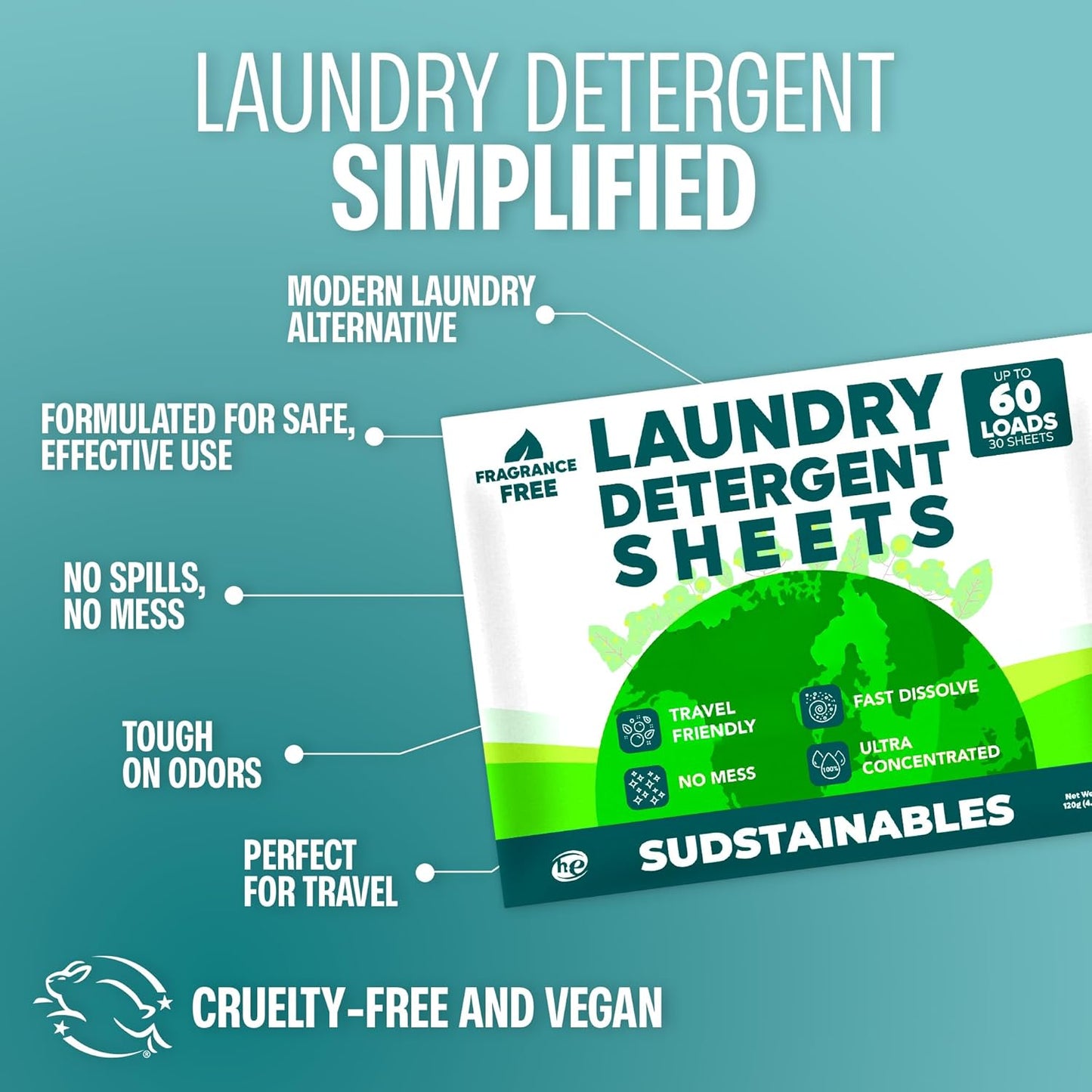 Sudstainables Laundry Detergent Sheets 60 Loads – Dissolvable Laundry Sheet for Washing Machines, Compact Alternative to Liquid & Powder Detergent, Travel-Friendly Soap | Fragrance Free