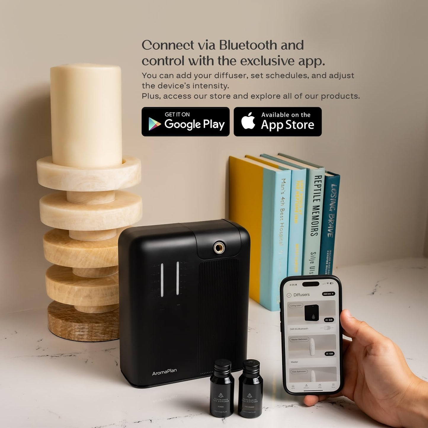 AromaPlan 5 Star Collection Cold Air Scent Diffuser, Whole House (Includes 2 Fragrances & 12 Set Sample kit) - Smart Scent Diffuser, HVAC System- Touch & App, 2000 Sq. Ft Cov. (Black)