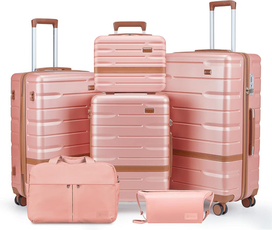 Luggage Sets, Suitcase with Spinner Wheels, PC+ABS Hardshell Travel Luggage Set with TSA Locks,Lightweight Rolling Luggage，Carry on suitcase with YKK Zippers(Pink, 6 piece set(14/20/24/28/DB/TB))