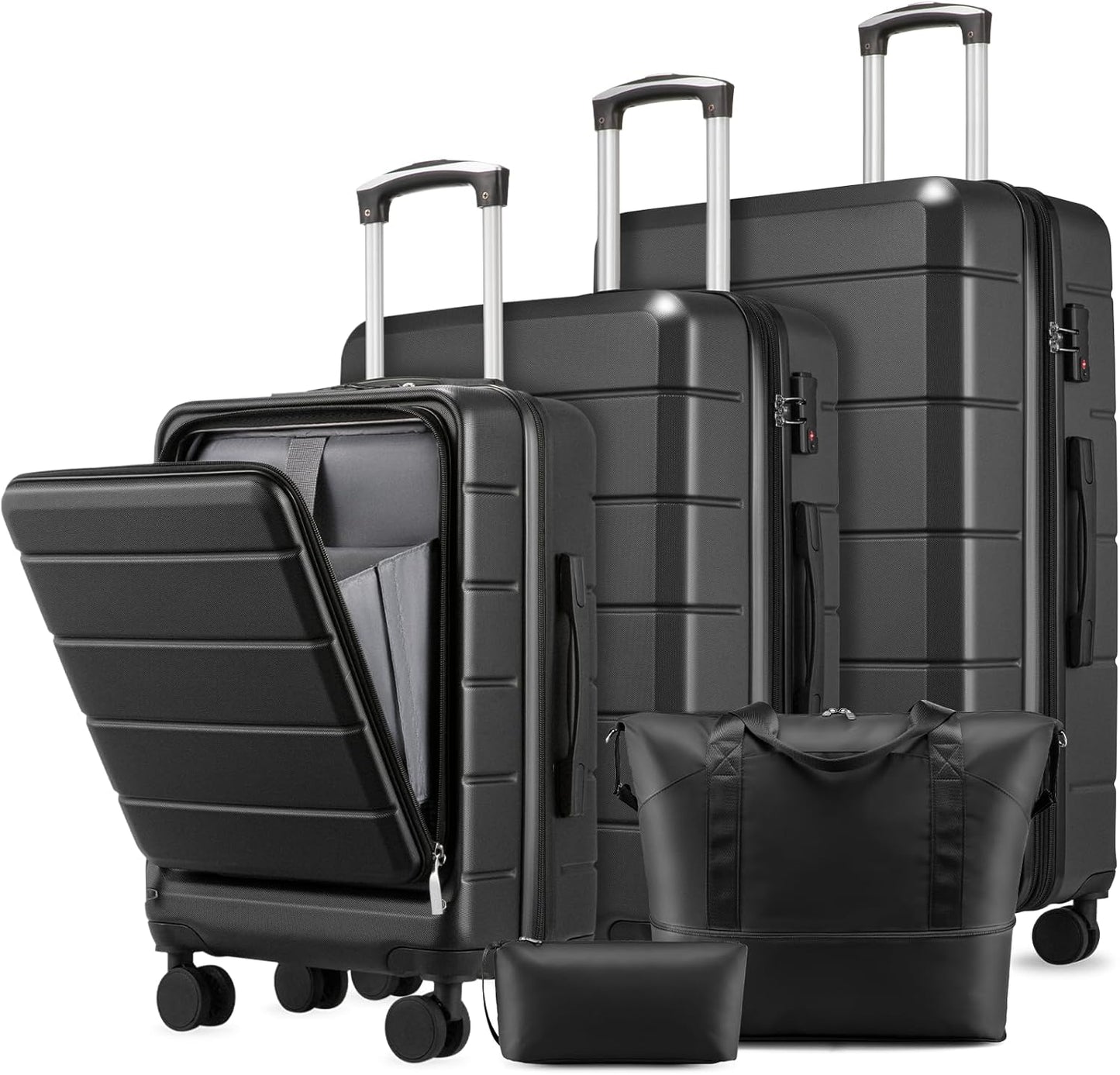 Luggage Sets 5 Piece, Expandable Hardside Suitcases with Wheels Includes Tote Bag, Black