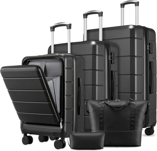 Luggage Sets 5 Piece, Expandable Hardside Suitcases with Wheels Includes Tote Bag, Black