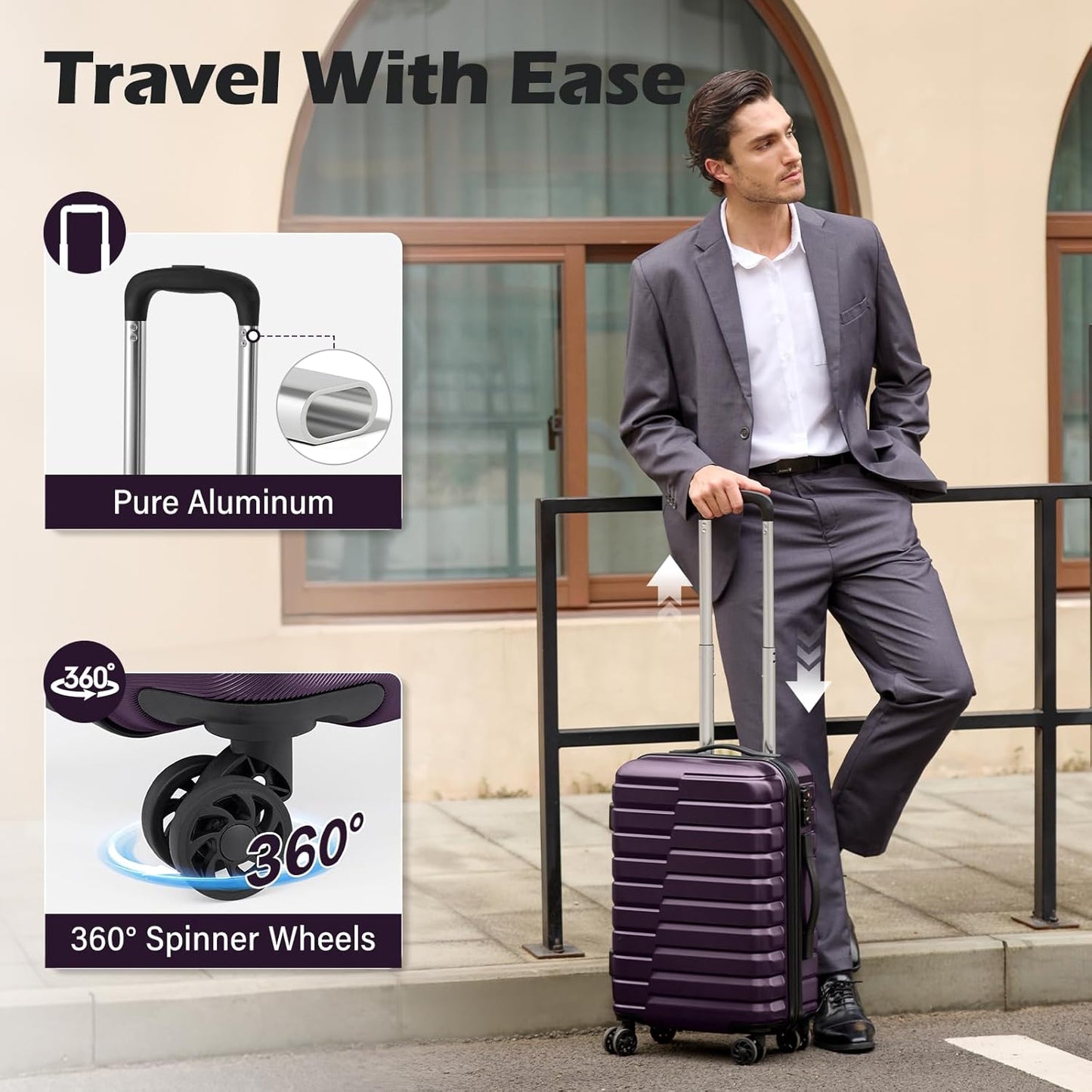 Coolife 20-Inch Small Carry on Hardside PC+ABS Spinner TSA Lock Telescopic Luggage Handle（20in-purple）