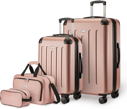 Amazon Basics 4-Piece Luggage Set, Including Two Hardside Suitcases With Multidirectional Spinner Wheels (22" CarryOn and 28" Checked), Plus 15-inch Tote Bag and 10-inch Compact Travel Bag, Rose Gold