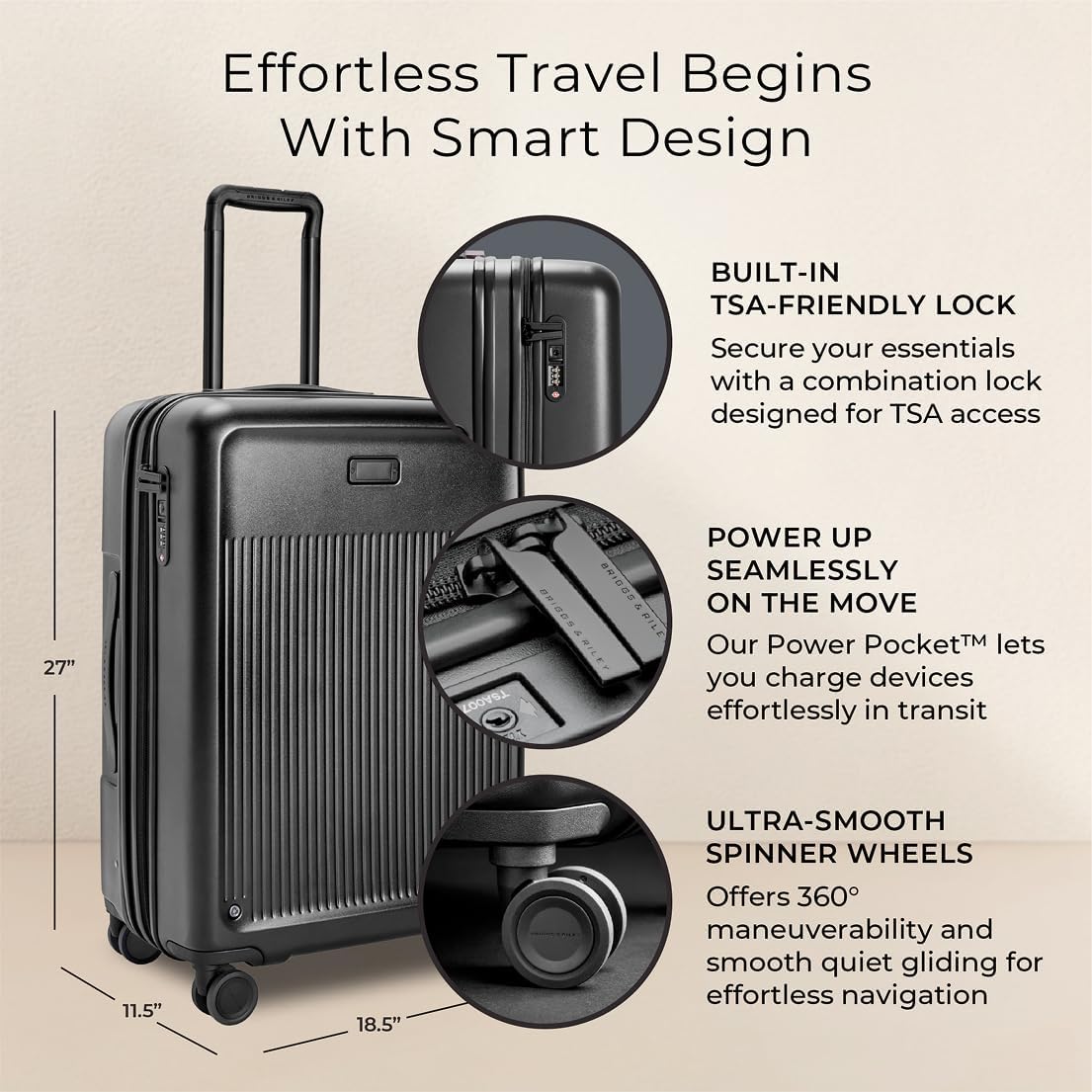 Briggs & Riley 27" Medium Expandable Spinner - Checked Luggage for Travel, Suitcases with Wheels, Hardside Rolling Bag for Men & Women, Self-Repairing Zipper - Sympatico Collection, Black