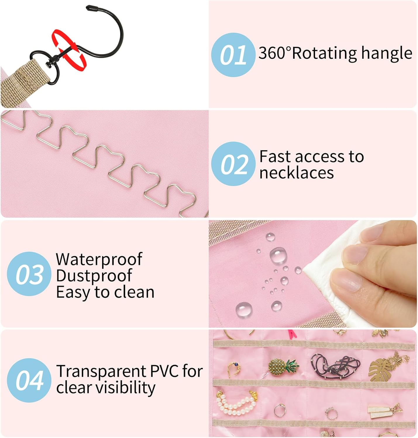 Bloss Hanging Jewelry Organizer with 48 Pockets, Double-Size Hanging Jewelrys Holder with Hanger Hooks, Jewelry Organizers and Storage for Earrings, Necklaces and Rings,Pink