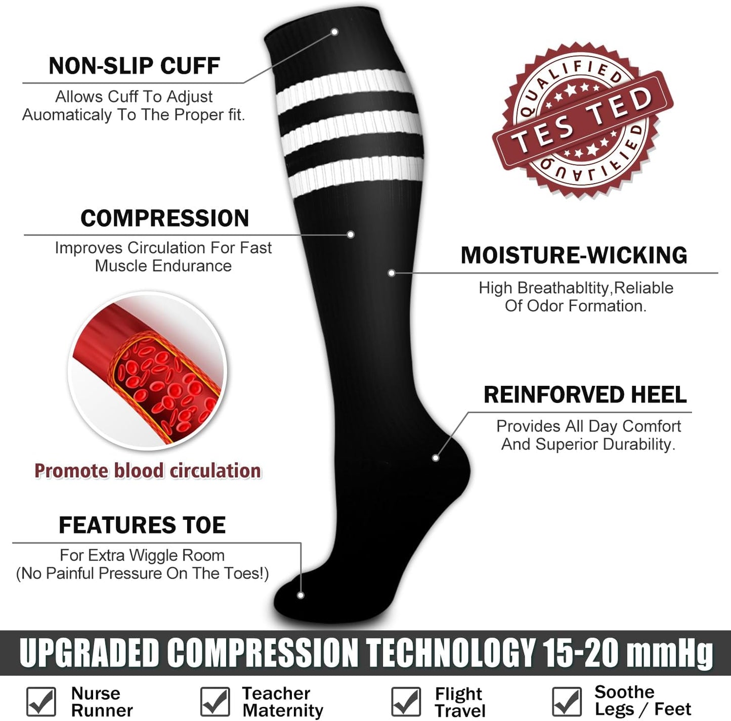 6 Pack Copper Compression Socks for Women and Men Circulation-Best Support for Medical, Running,Nursing,Athletic