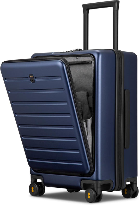 LEVEL8 Carry On Luggage with Compartment, 20 Inch Lightweight Hard Shell Rolling Suitcase with Wheels Airline Approved with Front Pocket, Double Tsa Locks, Navy Blue