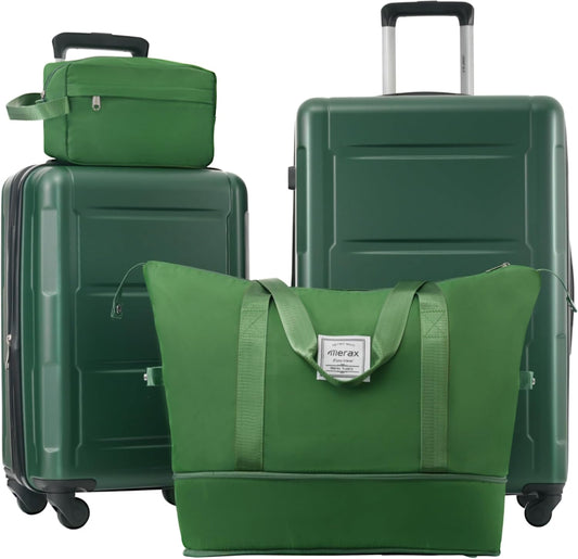 Merax Luggage Set 2 Piece Suitcase Sets with Spinner Wheel,Lightweight Hardside Expandable Travel Laggage with TSA Lock,Suitcase with Travel Bag(20"/24",Green)