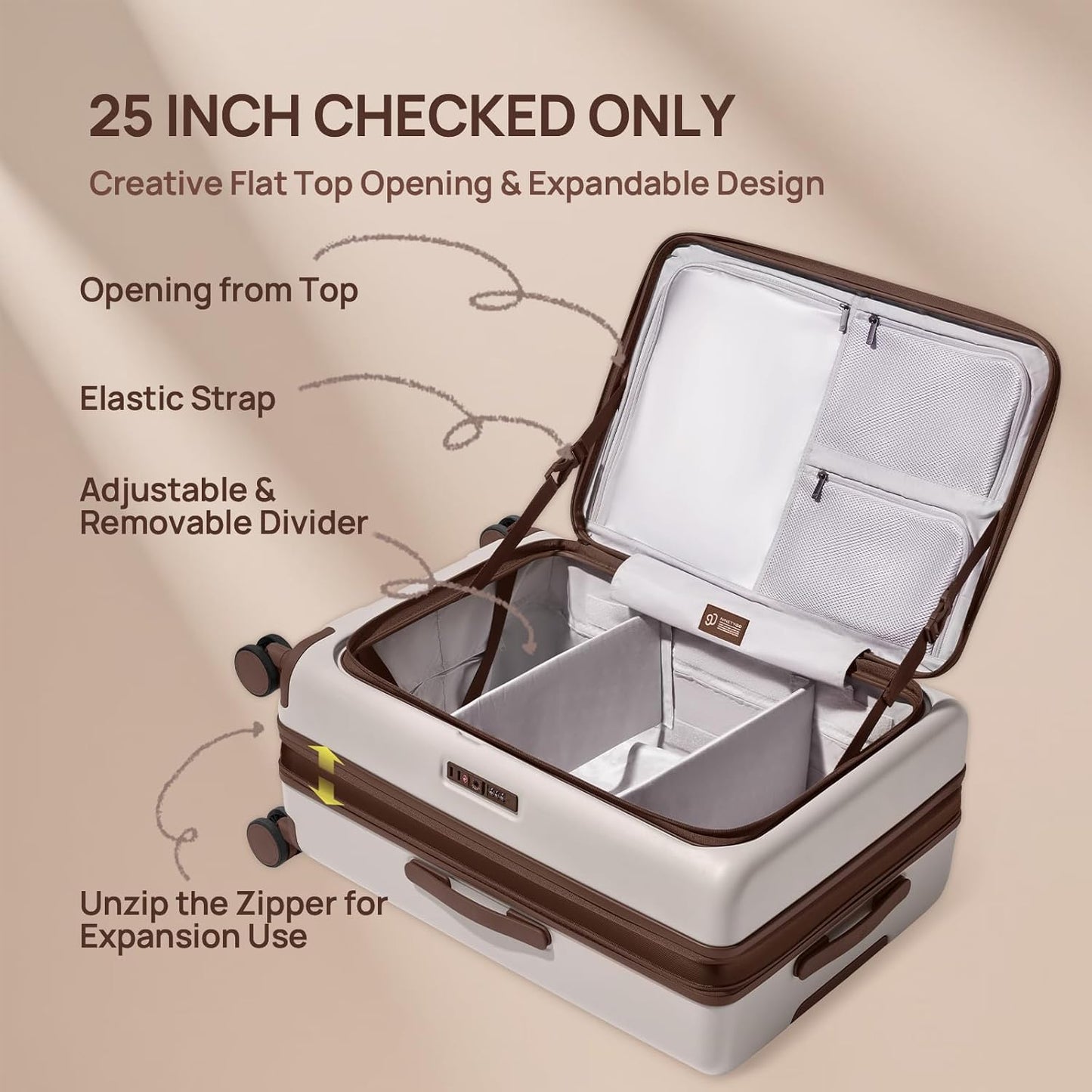 NINETYGO Medium Checked Luggage 25 Inch, Flat Top Opening Checking In Luggage with Cup Holder, Expandable, Coffee-Infused PC Hard Shell, Eco-Friendly, TSA Lock, 360° Spinner Wheels (Americaco)