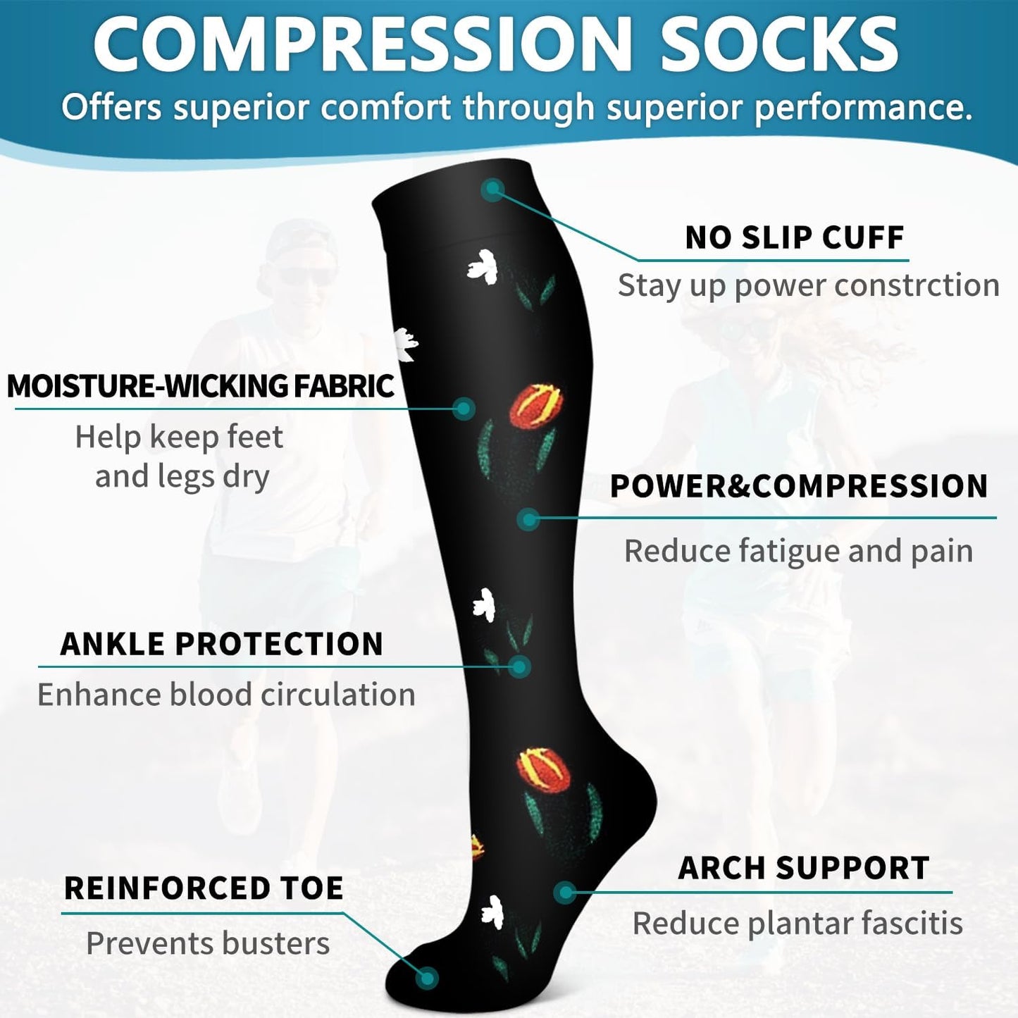 6 Pack Copper Compression Socks for Women and Men Circulation-Best Support for Medical, Running,Nursing,Athletic